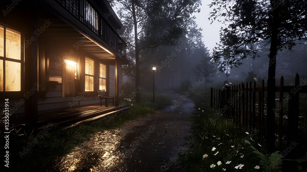 Poster charming house illuminated at night surrounded by misty nature and overgrown pathway : generative ai