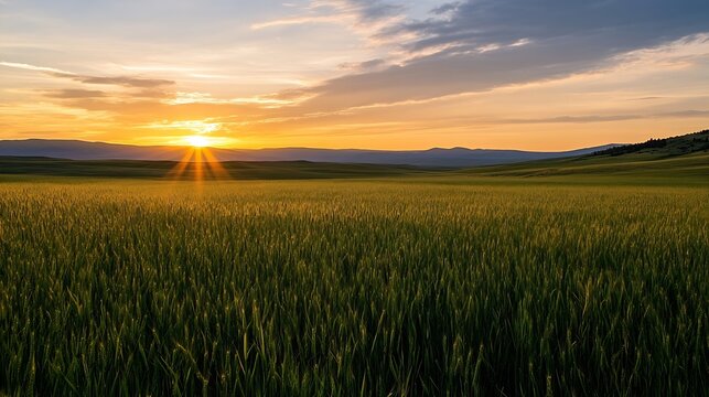Golden sunrise illuminating a vast wheat field with mountains in the distance under clear sky : Generative AI