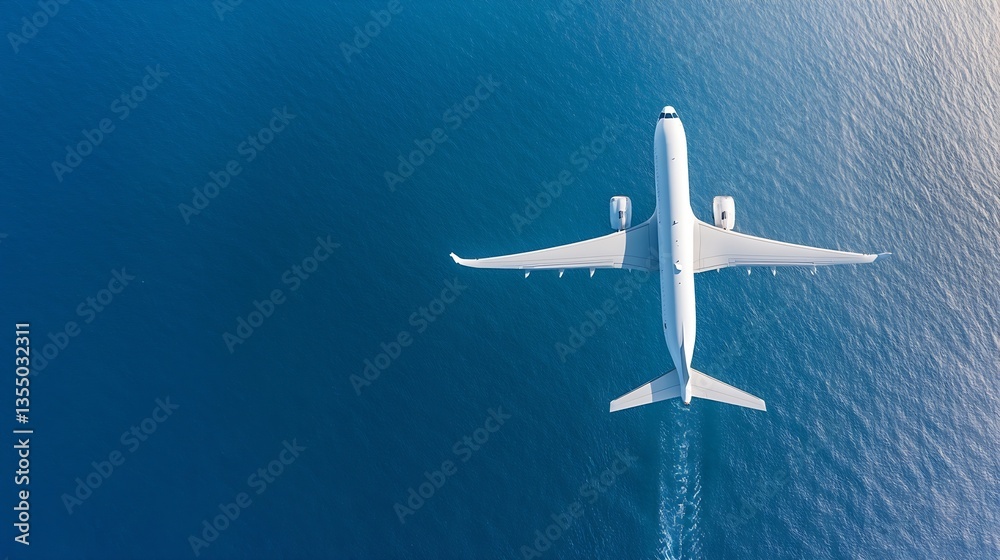 Poster aerial view of a commercial airplane flying over tranquil ocean waters creating white wake : generat