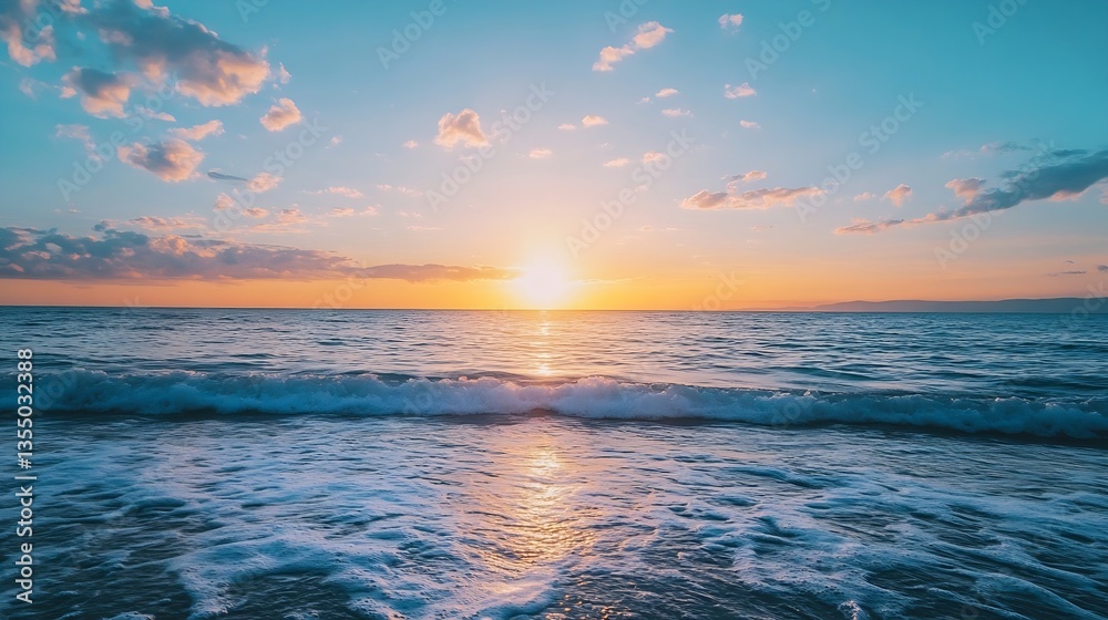 Poster stunning sunset over a calm ocean with gentle waves and a colorful sky : generative ai