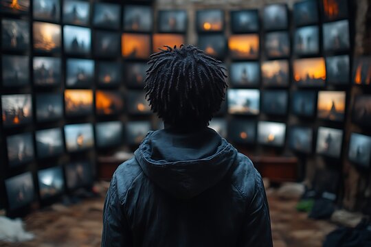 Man views screens, media archive, brick room, data analysis