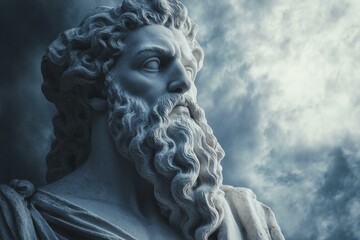 Marble Statue of Ancient Man with Beard and Curly Hair Against Cloudscape Backdrop