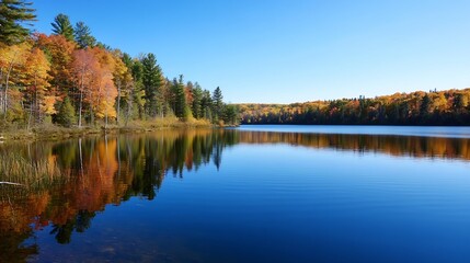 Obraz premium Stunning autumn landscape reflecting colorful foliage on calm waters of a serene lake surrounded by trees : Generative AI