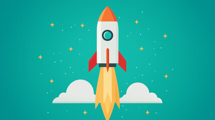 A colorful rocket takes off against a turquoise background, surrounded by clouds and stars, symbolizing adventure and exploration.