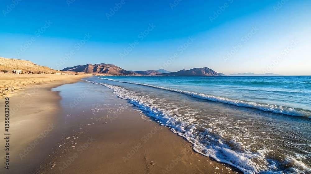 Poster stunning beach view with gentle waves lapping on sandy shore under a bright blue sky : generative ai