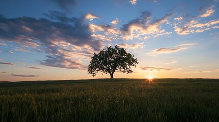 Fototapeta premium Majestic lone tree silhouetted against a stunning sunset over green pasture : Generative AI