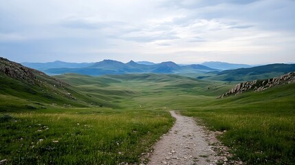 Expansive Rolling Hills with a Winding Path Under Overcast Sky Creating a Calm Outdoor Scene : Generative AI