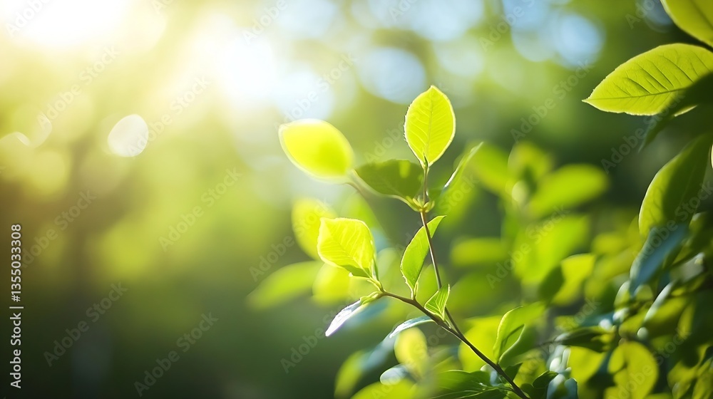 Poster sunlit green leaves creating a serene outdoor atmosphere with gentle light effects : generative ai
