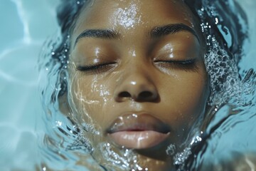 Calm Black woman submerged in turquoise water with eyes closed, sparkling bubbles and soft lighting creates serene scene