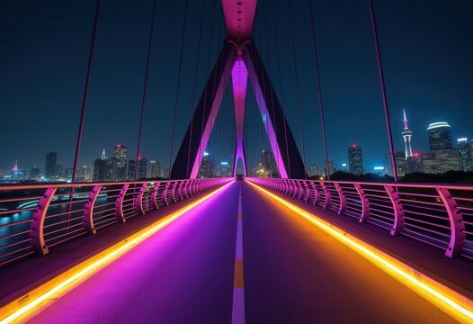 Neon-lit bicycle lane glowing at night in an urban setting  