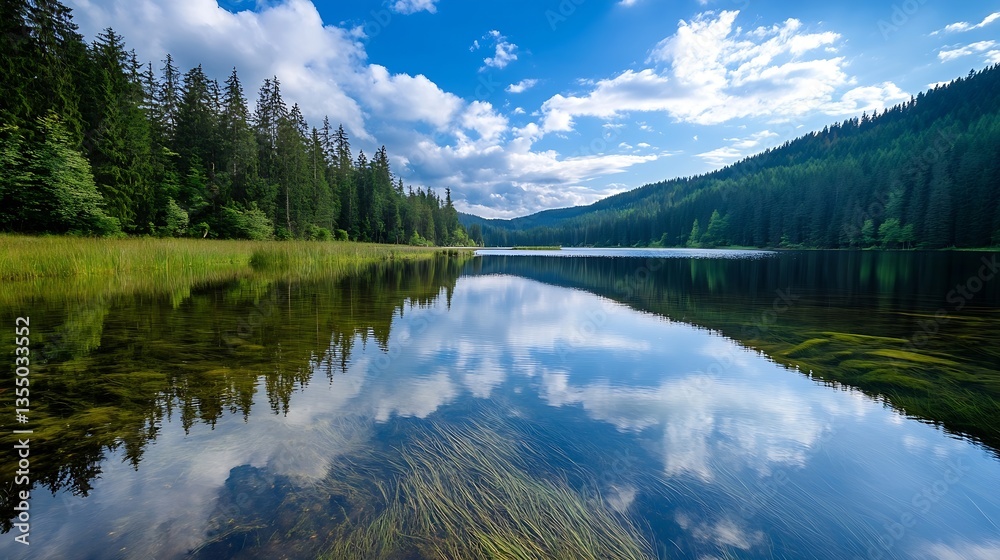 Poster picturesque lake reflecting lush green forest and the blue sky with fluffy clouds creating tranquili