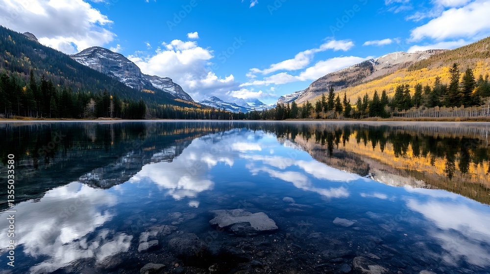 Poster breathtaking landscape of a pristine lake surrounded by mountains reflecting the sky in a tranquil s