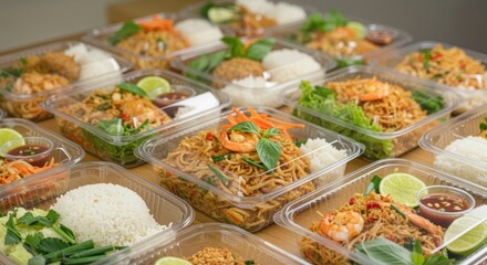 A vibrant array of Asian takeout dishes featuring noodles, rice, and fresh vegetables in transparent containers, ideal for delivery and perfect for food enthusiasts.