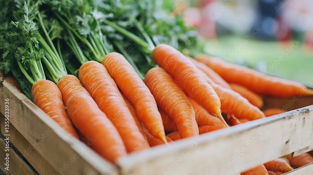 Aufkleber fresh and vibrant carrots gathered in a rustic wooden crate at a local farmer's market : generative 