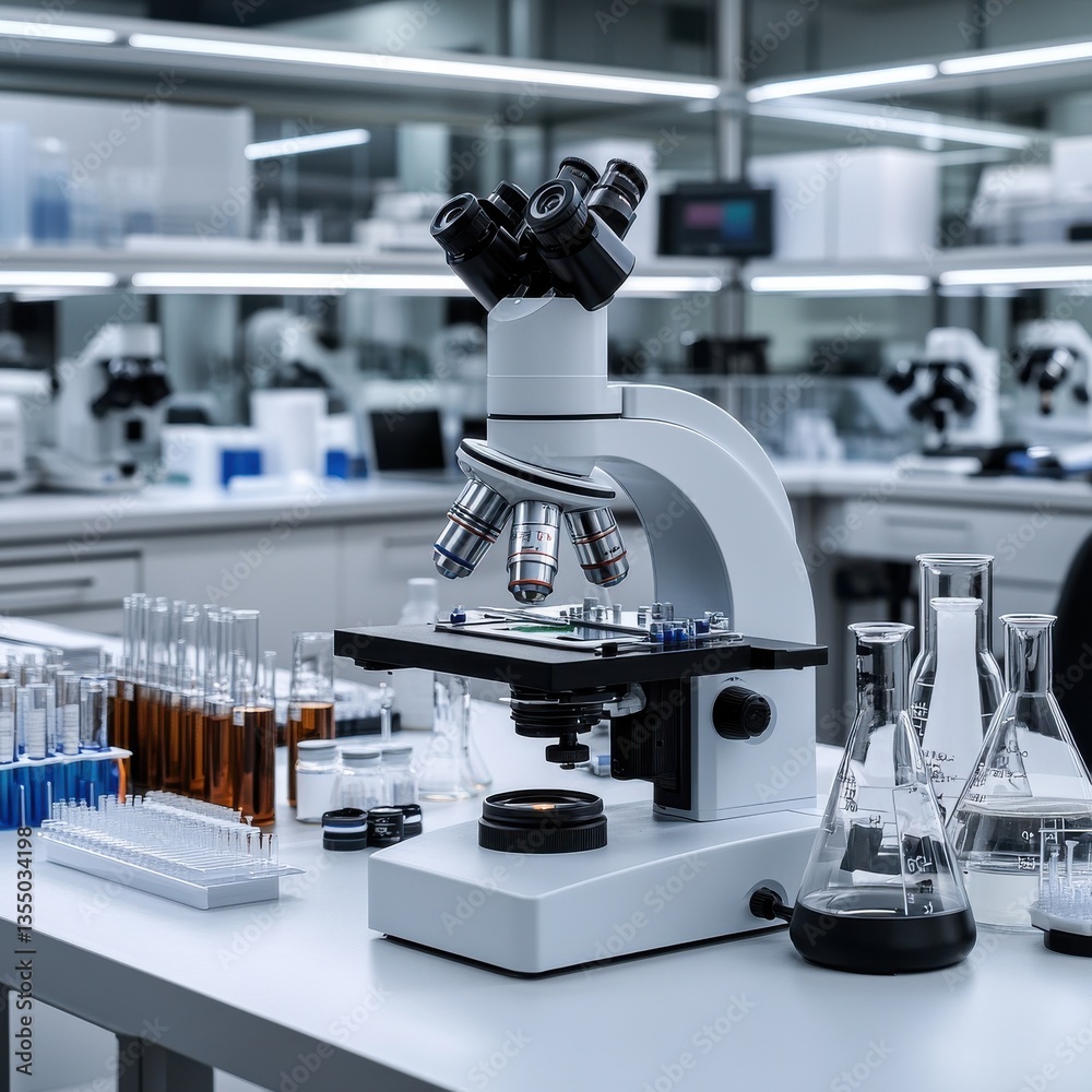 Poster a microscope is on a table with many glass beakers and test tubes