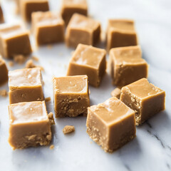 Raw vegan peanut butter fudge on a white marble background. Healthy vegan food concept. Selective focus