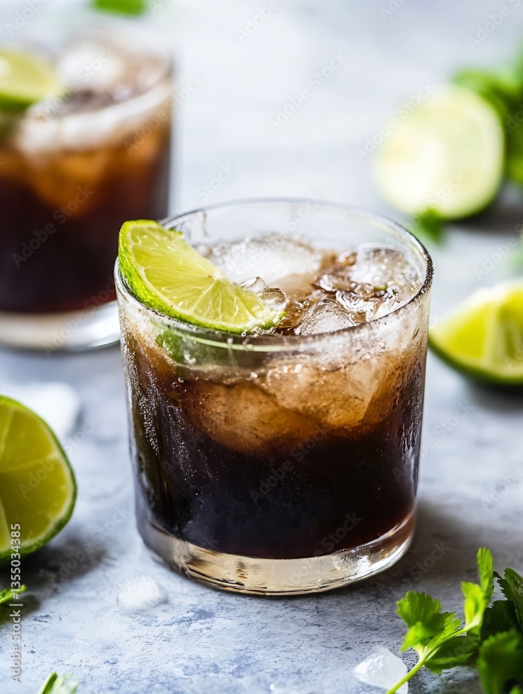 Poster classic refreshing cola cocktail with lime and ice cubes served in a clear glass : generative ai