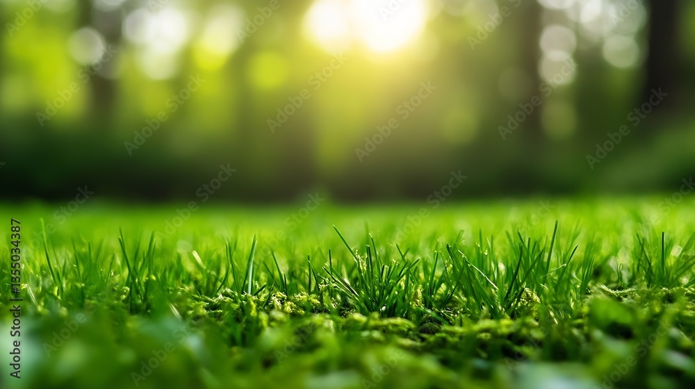 Poster Lush green grass carpet under soft sunlight in a blurred forest setting creating a serene natural landscape : Generative AI