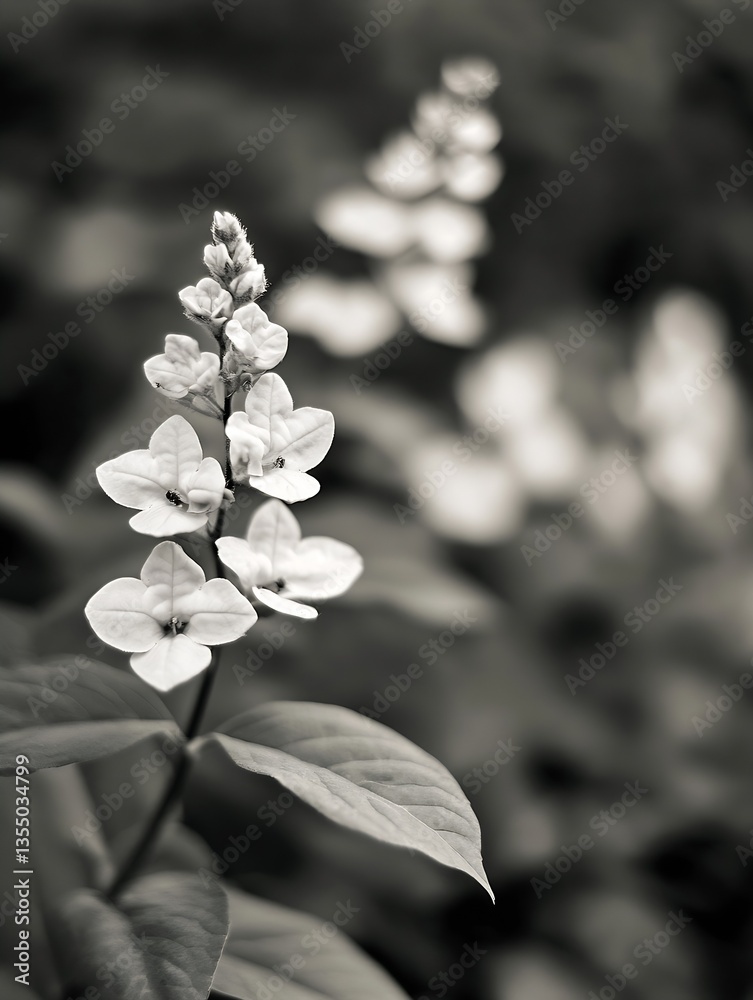 Poster Elegant closeup of white flowers with lush greenery creating a soft and soothing blurred background effect : Generative AI