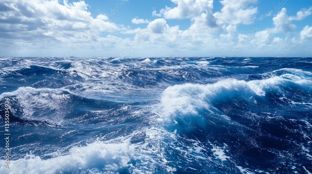 Poster Vast ocean waves crashing under a clear blue sky with fluffy clouds in the distance : Generative AI