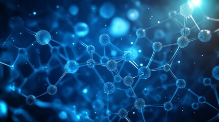 Naklejka premium A complex molecular network of interconnected particles, highlighted against a dark blue background. The glowing nodes and lines create a high-tech and futuristic visual perfect for scientific or AI