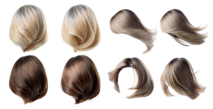 hairstyles with various short blonde and brunette haircuts isolated on transparent background