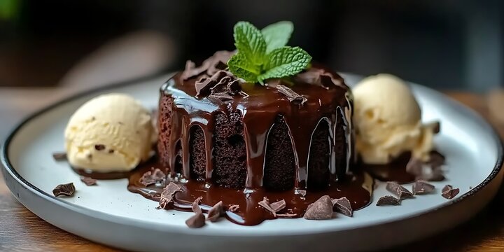 Molten chocolate cake, ice cream, mint, restaurant