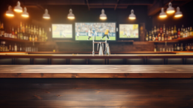 Empty wooden counter in sports bar or pub with blurred TV displays with sporting events at the bar background	