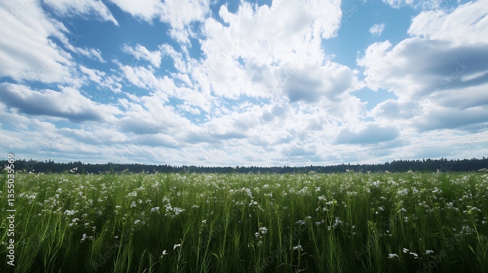 Poster expansive field of wildflowers under a bright blue sky with fluffy white clouds : generative ai