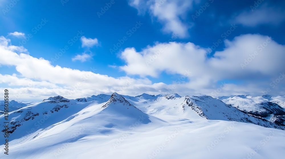 Poster stunning panoramic view of snowcovered mountains under a bright blue sky with fluffy clouds : genera