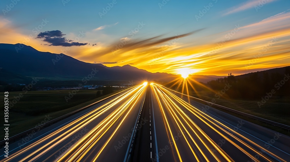 Aufkleber Dynamic sunset shot of a busy highway with light trails creating a stunning visual effect of movement : Generative AI