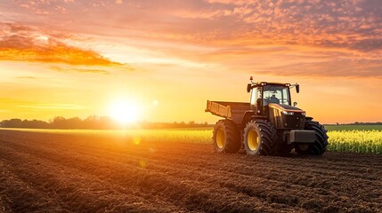 Powerful agricultural tractor working at sunset on fertile farmland underscores the essence of rural life : Generative AI