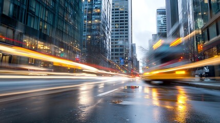 Dynamic city street scene showcasing vibrant light trails from moving vehicles on a rainy night : Generative AI