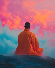 Fototapeta premium Meditating monk on a mountain top during a vibrant sunset with colorful clouds enhancing the serene atmosphere