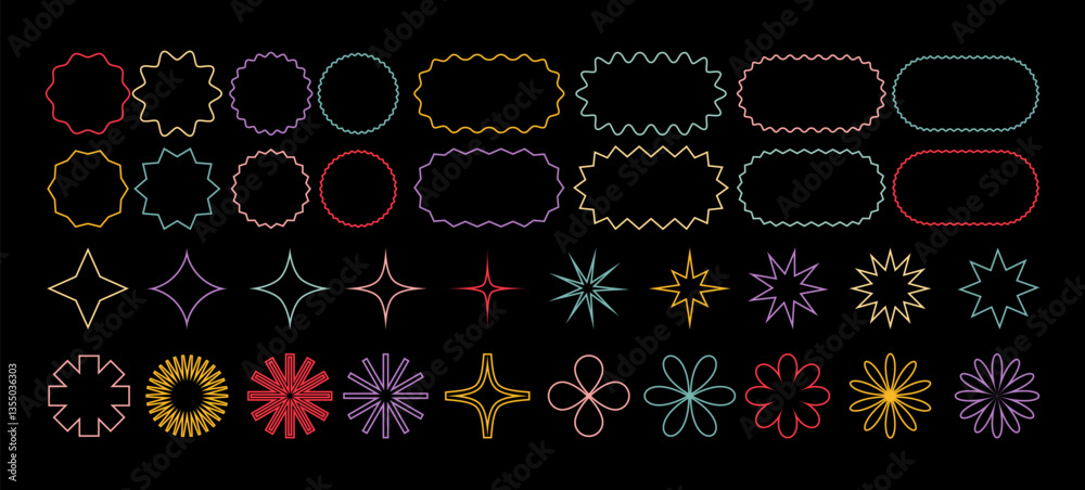 Poster Abstract Vector Geometric Shapes Set. Retro Line Forms. Modern Icon Graphic Design Element. Y2K Stickers with Labels, Stars, Flower Figures