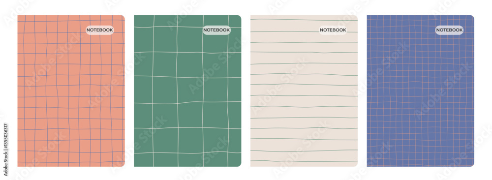 Poster set of notebook covers with grid lined patterns, checkered lined school papers, cute vector y2k back