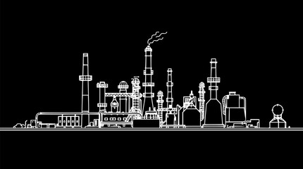 Outline of an oil refinery with pipes and tanks minimal vector industrial illustration.