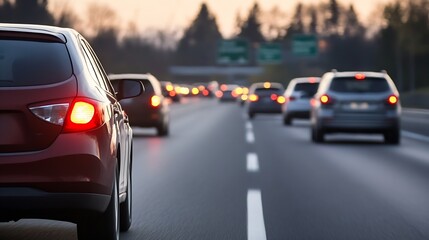Evening traffic on a busy highway with cars lights illuminating the road creating a dynamic urban atmosphere : Generative AI