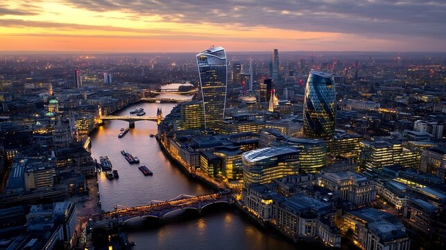 Stunning aerial view of London's skyline at sunset highlighting iconic buildings and river : Generative AI