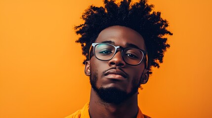 Fototapeta premium Young man with glasses poses confidently against a vibrant orange background in modern urban style