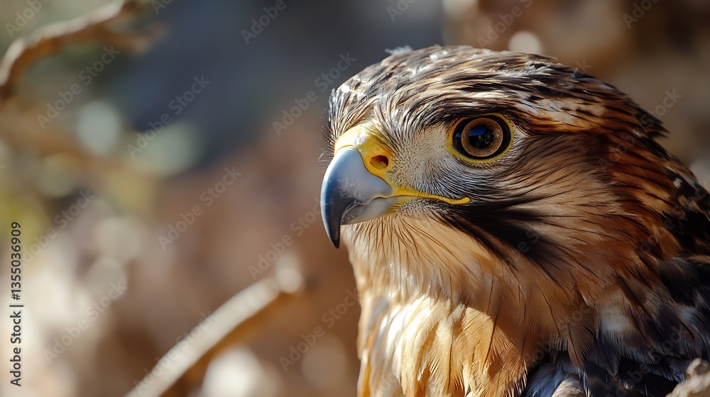 Poster stunning close up of a hawk showcasing its beautiful feathers and fierce gaze : generative ai
