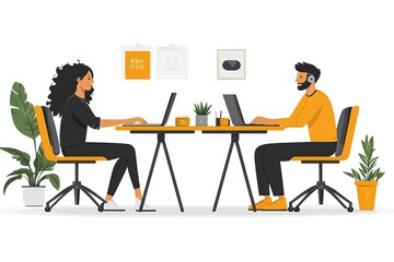 2d of Two users sitting at separate desks video calling on their laptops, orange primary color, white background illustration, 8k Resolution