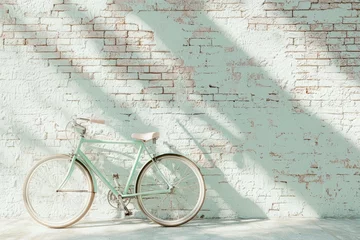 Wall murals A mint green bicycle leans against a rustic white brick wall, bathed in sunlight.