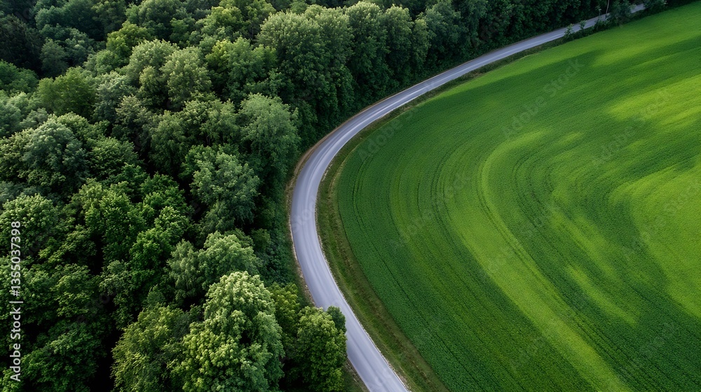 Poster aerial shot of a winding road surrounded by lush green fields and dense forest : generative ai