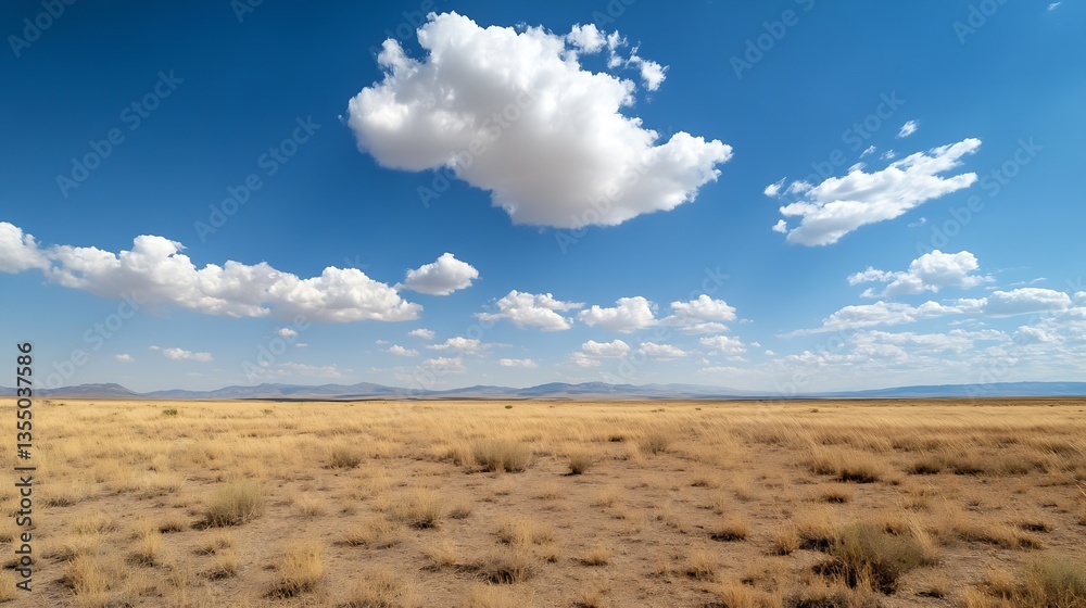 Poster vast dry grassland with scattered clouds against a clear blue sky in a remote landscape : generative