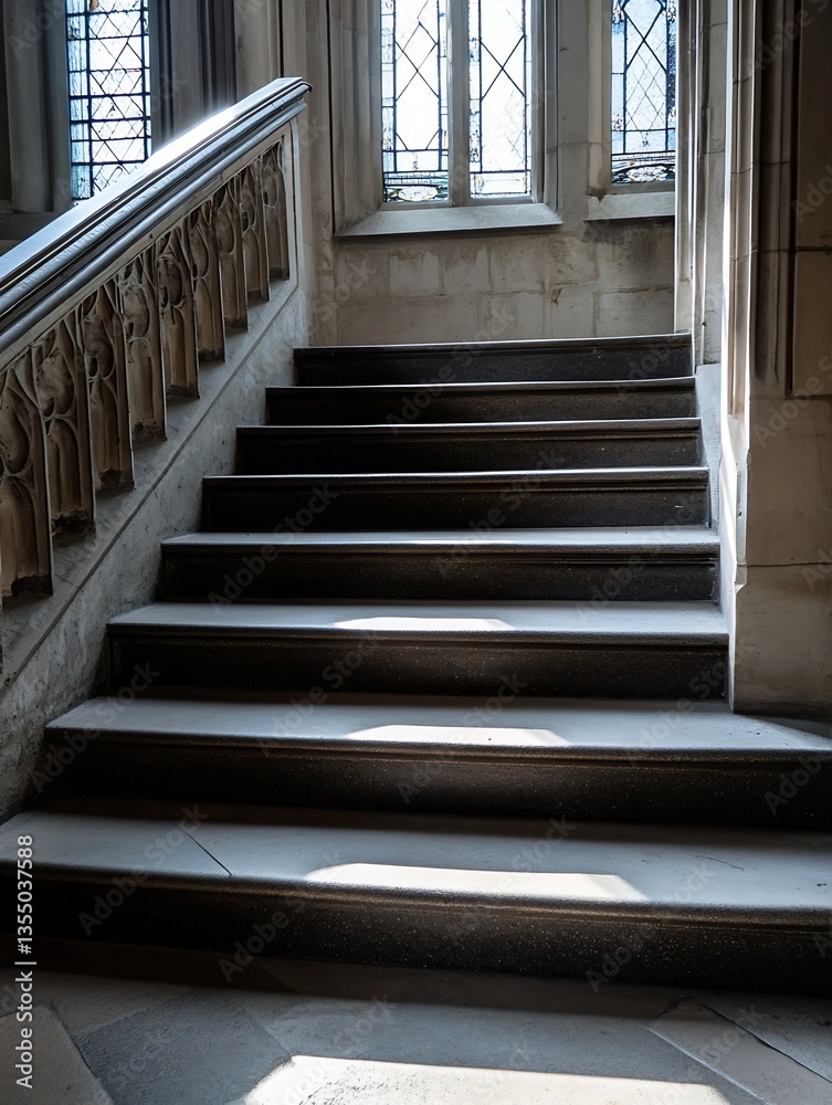 Poster Elegant stone staircase illuminated by sunlight in a historical building : Generative AI