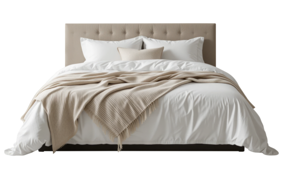 Cozy Modern Bed Cut Out Isolated on Transparent PNG Background.