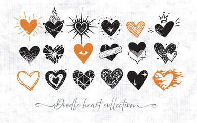 Collection of hand drawn black and orange doodle hearts on old paper background