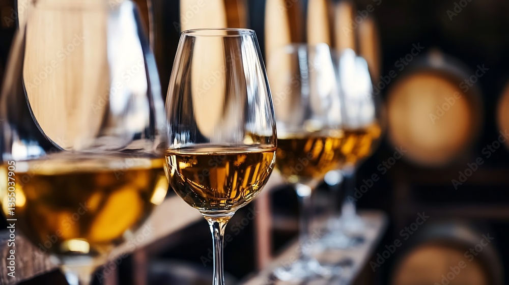 Poster glasses of golden wine arranged elegantly with barrels in a cellar showcasing fine beverages : gener