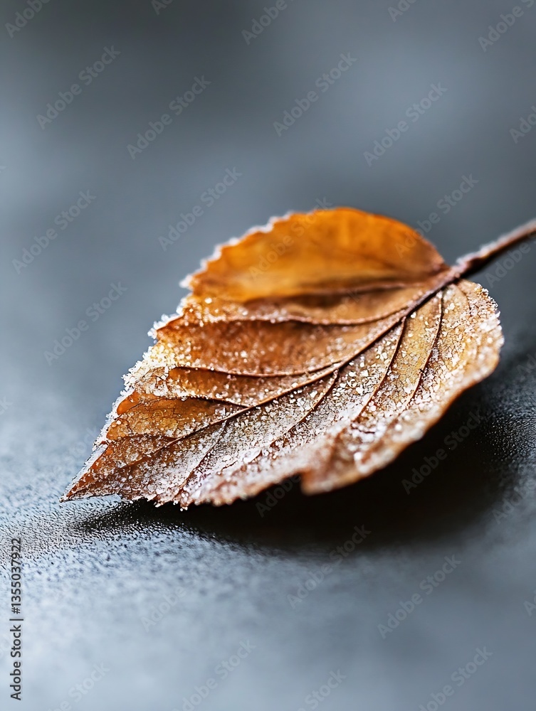 Poster A single frosted autumn leaf resting on a smooth surface capturing the essence of winter's beauty : Generative AI